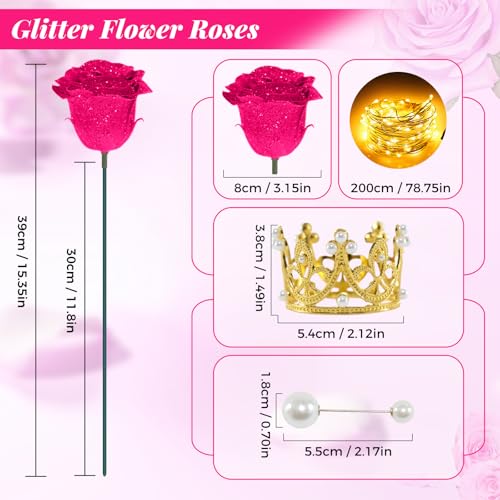 Rose Pink Glitter Roses Bouquet, 24 Pcs Shiny Glitter Flowers Bouquet, Everlasting DIY Artificial Roses Bouquet for Christmas, Birthday, Anniversary, Wedding, Engagement - color: Rose Pink-a, size: 24 PCS