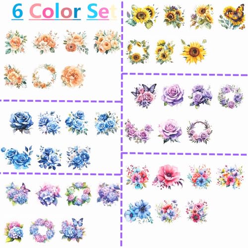 Koolemon 6Rolls PET Flower Tape for Journal Scrapbook Decorative Stickers | Precut Waterproof Floral Multicolor Easy to use