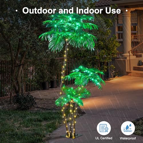 Solar Lighted Artificial Palm Tree 6FT 3FT 2FT Decor for Outdoor 203 LED Light up Fake Tree for Indoor Outside Patio Hawaiian Tiki Bar Decoration - size: 6+3+2ft-Solar
