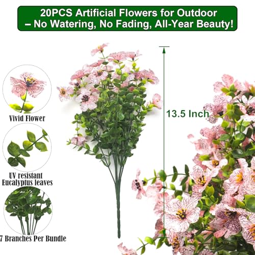 Grunyia 20 Bundles Artificial Flowers for Outdoors, UV Resistant Fake Plants Flowers Greenery Shrubs Plants for Decoration Outside Plants Hanging Planter Home Garden Decor (Pink) - color: Pink