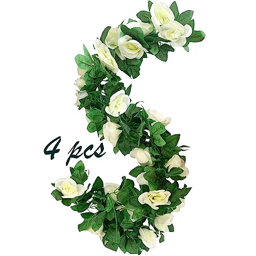 4 Pack Artificial Rose Vine Garland Fake Roses Flowers Plants Vines Hanging Floral Leaves Decoration for Wedding Party Table Garden Arch Wall Home Room Decor(White) - color: White, size: 【4 Pcs】
