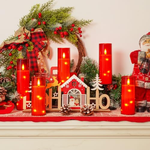 Homemory Acrylic Flameless Candles with Embedded Star String Fairy Lights, Battery Operated, LED Candles, Fake Candles with Remote Control and Timer, Red, Set of 5 - color: Red-5pcs, size: 5pcs, D2.2"x H5"5"6"7"8"