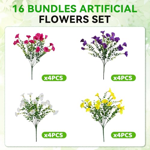 Alotiki 16 Bundles Artificial Flowers for Outdoors Decoration,Faux UV Resistant Morning Glory Flowers with Eucalyptus Leaves,for Porch Outside Indoor Yard Home Patio Decor(16, Multiple Color) - color: Eucalyptus Morning Glory, size: 16P
