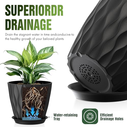 8 Inch Wave Plant Pots with Drainage Holes & Saucers, 4 Pack Modern Textured Medium Planters for Indoor Outdoor Plants, Decorative Flower Pots Repotting Set for Flowers, Herbs (Black) - color: Black