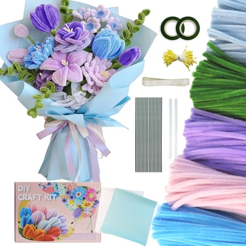 500PCS Pipe Cleaner Flower Kit,Bulk Pipe Cleaners Craft,Chenille Stems with Wrapping Paper for Mother's Day Graduation Birthday Wedding (Blue) - color: Blue