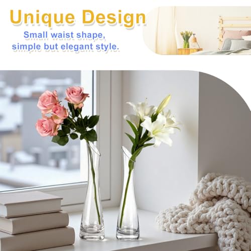 Hand-Made Blown Art Bud Glass Vase Transparet Gray Small Glass Vase Glass Flower Vase Heavy Base Single Stem Flower Drop Vase for Home Wedding Decor (Oblique Mouth-23cm)