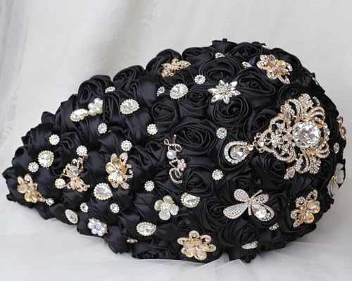 Luxury Cascade Bridal Wedding Bouquet Satin Rose Waterfall Holding Bouquet Artificial Flower Bunch for Bride Bridesmaid(Black, 15" x 7.5") - color: Black, size: 15"L x 7.5"W(38cm x 19cm)