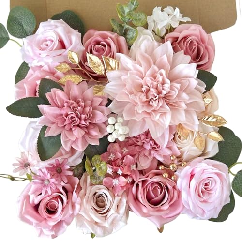 Silk Artificial Flowers Combo Box Set Dusty Pink Roses Gold Flowers Blush Pink Bridal Wedding Bouquets Cake DIY Fake Floral with Stems Arrangements Baby Shower Party Table Centerpieces Home Decor - color: Dusty Rose Gold