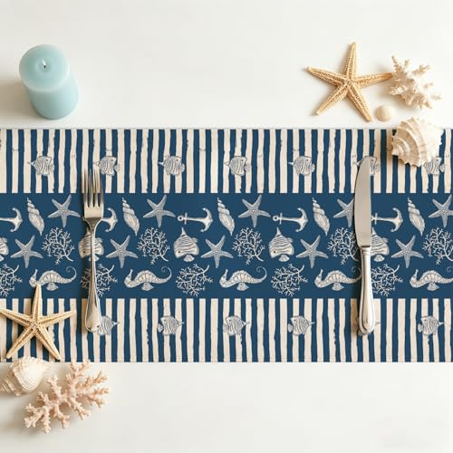 Larponder Starfish Coral Coastal Table Runner, 13x72 Inch | Ocean Beach Sea Animals Theme Table Runner Table Decoration, for Summer Holiday Kitchen Dinning Coffee Table Home Party Decor - color: Ocean-1, size: 13" x 72" (Rectangular)