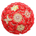 Red Bridal Wedding Bouquet Luxury Gold Rhinestone Brooch Bouquet for Bride Bridesmaid Quinceanera Satin Red Rose Artificial Flower Bouquet Wedding Red 7.1in,Bouquet3218G-Red18 - color: Red, size: Diameter: 7.1 inches