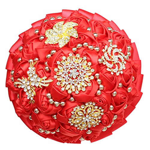 Red Bridal Wedding Bouquet Luxury Gold Rhinestone Brooch Bouquet for Bride Bridesmaid Quinceanera Satin Red Rose Artificial Flower Bouquet Wedding Red 9.5in - color: Red, size: Diameter: 9.5 inches