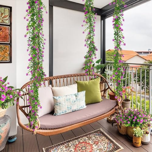 RECUTMS Hanging Garland Plants Artificial Flowers Fake Eucalyptus Greenery Garlands Leaf Garland with Flowers Hanging Faux Vine Plants for Spring Wedding Arch Backdrop Wall Decor 3 Pcs (Fuchsia) - color: Fuchsia