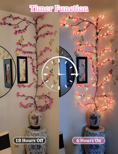 Cherry Blossom Lights for Room Decor Aesthetic,7.55 FT DIY Pink Cherry Blossom Wall Decor with 144 LED Flower Lights,Remote Timer,8 Lighting Modes,Blossom Tree Branch Lights,Vine Lights for Bedroom - color: 7.55FT