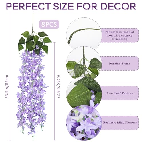 RECUTMS Artificial Lilac Flowers Garland 8Pcs-24Branches 33.5in Fake Syringa Wisteria Vines Faux Silk Lilac Hanging Floral Valentine Day Decor Indoor Outdoor Wedding Arch Birthday Party Garden Purple - color: Purple