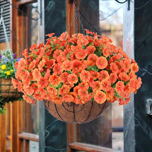 Artificial Faux Hanging Flowers Plants Basket for Outdoors, 12 Bundles UV Resistant Faux Outside Silk Morning Glory for Planter Realistic Artificial Flowers for Outdoor Porch Garden Patio, Orange - color: Orange