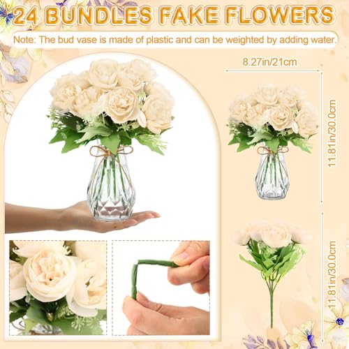 Zeyune 37 Pack Artificial Peonies Flowers with Bud Vase Bulk 24 Bundles Silk Peonies Bouquets 12 Plastic Clear Vase with 1 Rope Fake Flowers for Table Centerpiece Vases(Champagne,Round Head) - color: Champagne, style: Round Head