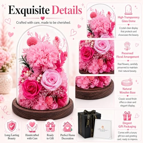Preserved Flowers in Glass, Eternal Real Flowers with 1 Carnation & 2 Pink Roses for Women Mom Grandma Forever Rose Bouquet for Anniversary Birthday Mother's Day Lasts 3-5 Years(No Lights) - color: Light Pink