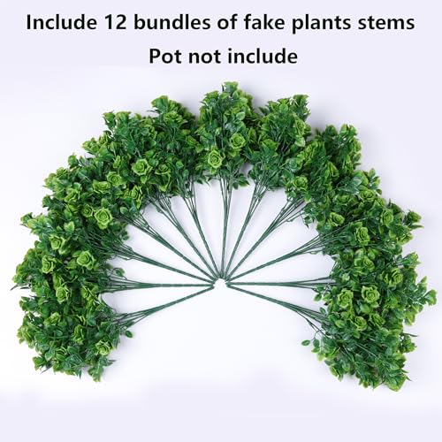 Artificial Fake Outdoor Plants for Spring Summer Decoration, 12 Bundles Fake Plastic Roses UV Resistant Look Real Faux Plants for Planter Outside Front Door Porch Patio Balcony Garden Indoor Yard Urn - color: Roses-green