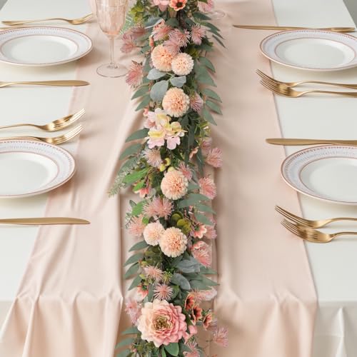 Spring Garland 6FT Hydrangea Flower Garland Faux Greenery Leaf Vine Garlands for Decoration for Spring Indoor Outdoor Garden Farmhouse Porch Wall Wedding Room Home Decor (Pink) - color: Pink