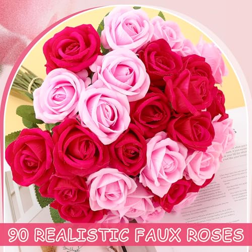 90 Pcs Hot Pink, Pink Velvet Rose Artificial Flowers with Long Stems, Fake Silk Roses Real Touch Fake Roses Florals for Birthday Wedding Bouquet Party Arrangement Decorations - color: Hot Pink, Pink