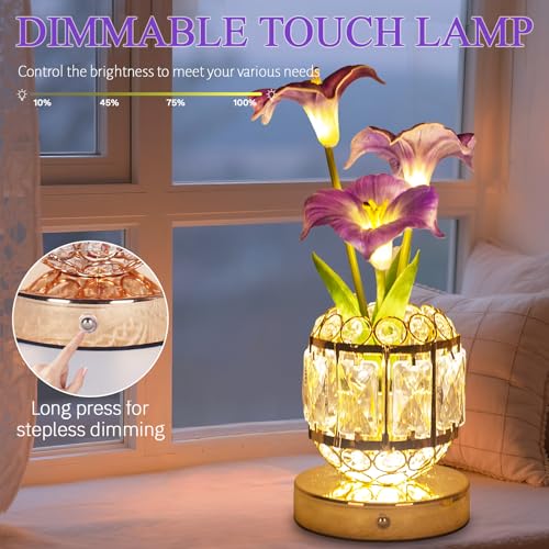 Flower Table Lamp, 3-Color Dimmable Artificial Flowers Night Light, Rechargeable Cordless Small Desk Lamp, Morning Glory with Crystal Vase for Party Date Home Decoration (Purple - Morning Glory) - color: Purple - Morning Glory
