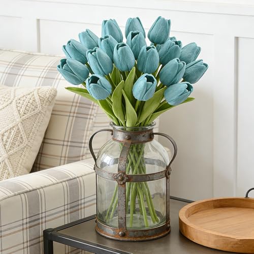 Artificial Tulips Bridal Wedding Festival Decor Bouquet Real Touch PU Flower Bouquet Pack of 20 (Turquoise) - color: Turquoise