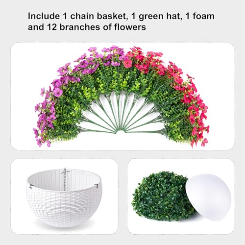 HyeFlora Artificial Fake Hanging Flowers Plants Basket for Outdoor Outside Decoration, Faux Silk UV Resistant Realistic Colorful Daisy in Planter for Porch Patio Garden Yard Home - color: Purplehotpink