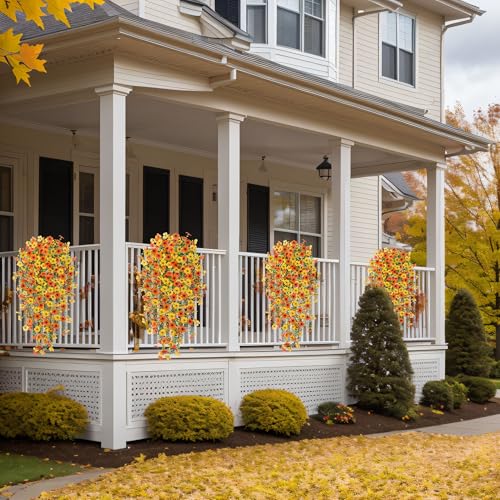 Ammyoo Artificial Hanging Flowers for Outdoors Fake Mums Fall Decoration, 2 Pcs Faux Silk Daisy Flower Realistic Outside Plants UV Resistant Porch Patio Window Garden Indoor Decor(Yellow Orange) - color: Dyellow Orange