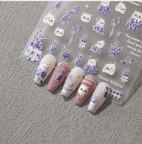 Purple Flower Nail Art Stickers 5D Powder Blusher Cat Nail Decals 1PCS Embossed Heart Petal Lavender Design Stickers Summer Floral Adhesive Nail Accessories for Manicure Decor - style: Style6-Lavender Cat