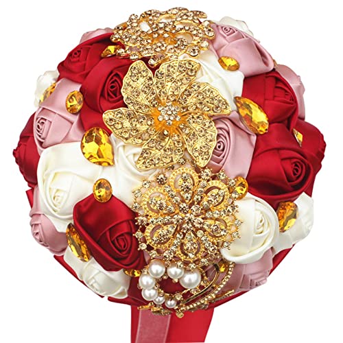 Handmade Wedding Bouquets for Bride Bridesmaid Brooch Artificial Holding Flower Tossing Bouquet（Ivory/WineRed/Pink,21cm,1PC - color: Ivory/Winered/Dust Pink, size: 21CM/8.3''