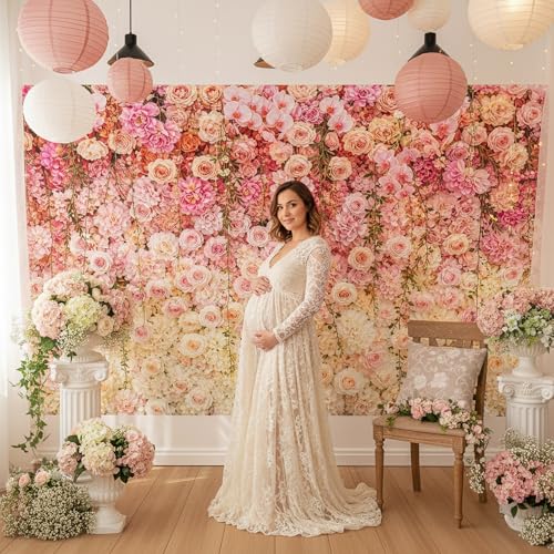 JAWO 7X5ft Pink White Rose Floral Backdrop, 3D Hanging Flower Wall Photography Background for Wedding Bridal Shower, Girls Birthday Baby Shower, Cake Table Decor Photo Booth Studio Props - color: Pink1, size: 7X5