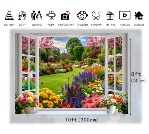 10x8ft Spring Summer Garden Window Backdrop Floral Nature Landscape Photo Background with Blooming Flowers for Portrait Photoshoot, Wedding, Baby Shower, Birthday, Studio Decor 359 - size: 10 x8ft