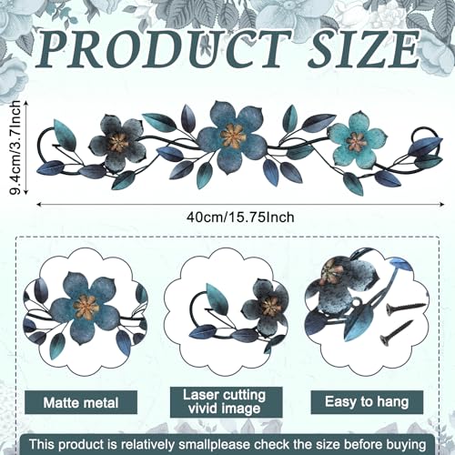 Wesiti Metal Flower Wall Decor Vintage Metal Flower Wrought Iron Scroll Sculpture 15.7''x3.7'' Not 3D, Flat Farmhouse Leaf Wall Decor with Nails for Summer Bedroom Kitchen Indoor Outdoor(Blue) - color: Blue
