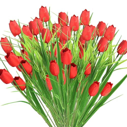 10 Bundles Artificial Tulips Flowers Outdoor,16.5 inch UV Resistant Fake Tulips Real Touch Flowers,Faux Tulips Realistic Flowers for Home Garden Outside Wedding Decor (Red) - color: Red