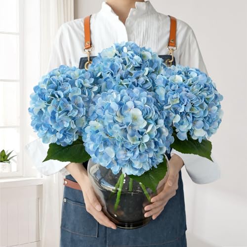 JINWOE Blue Flowers Hydrangea Artificial Flowers, 4Pcs 22" Large Lifelike Silk Artificial Hydrangeas, Full Fake Flowers for Bouquet Table Centerpieces Outdoor Wedding Indoor Home - color: Blue