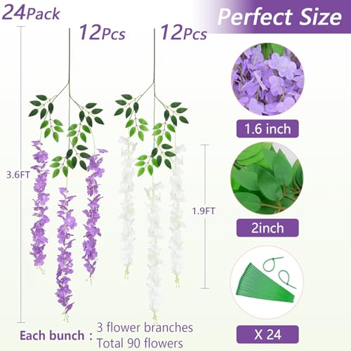 24Pcs Artificial Wisteria Hanging Flowers, 3.6Ft/Pcs White & Purple Fake Wisteria Garland for Wedding Party Home Garden Indoor Outdoor Decoration - color: White & Purple, size: 24Pcs