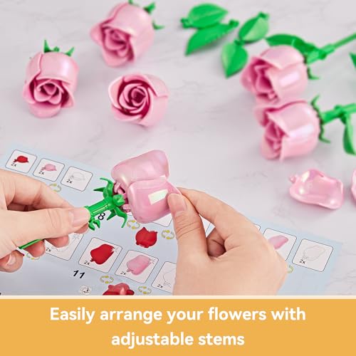 Rose Flower Bouquet Building Set: Artificial Flowers Botanical Collection Blocks Kit for Women Girls Wife Adults Home Decor Thanksgiving Christmas Mother's Day Valentine's Gifts 6-Pack - color: Pink