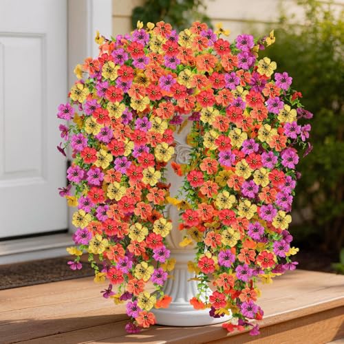 Artificial Hanging Flowers for Outdoors, 6PCS Faux Silk Artificial Flowers for Outdoors, UV Resistant Fake Flowers, No Fade Trailing Greenery, Decor for Home Porch Patio Balcony Garden Yard - color: Red Purple + Yellow Purple + Orange Yellow