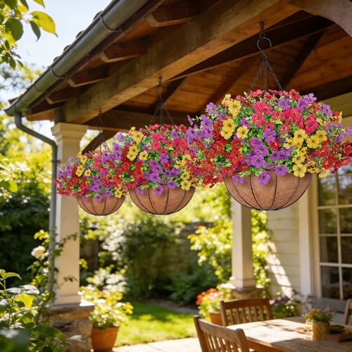 Artificial Fake Hanging Flowers Plants Basket Outdoors, Faux Silk UV Resistant Look Real Daisy Eucalyptus for Spring Summer Garden Porch Home Patio Balcony Yard Decorations, Multicolor - color: Multi Color