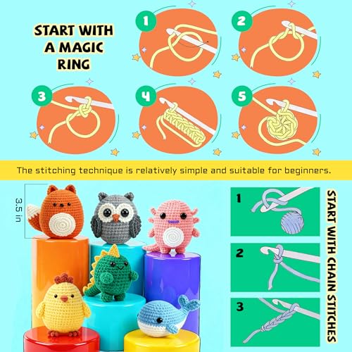 Joyclub Crochet Kit for Beginners 6 PCS Amigurumi Animal Family Crochet Starter Kit with Step-by-Step Video Tutorials 40% Extra Yarn DIY Craft Gifts for Adults Knitting Lovers Mother Teacher Graduates - color: Colorful Animal