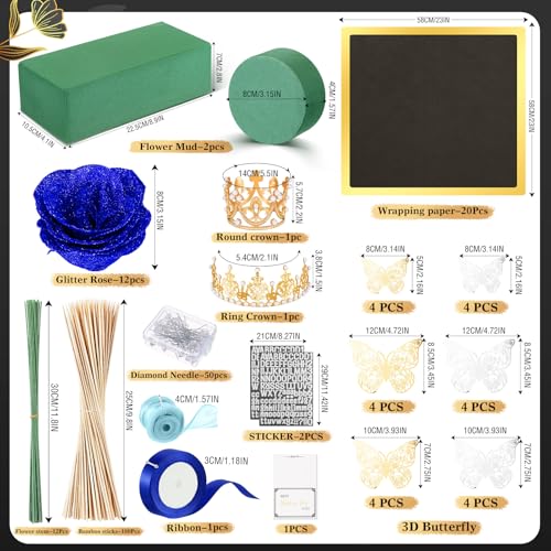 Maysing Money Bouquet Kit 12 Pcs Glitter Roses 20 Sheet Flower Wrapping Paper DIY Flower Bouquet Floral Foam Blocks Sticker for Anniversary Birthday Mother's Day Graduation(Blue) - color: Blue