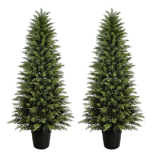 Mavis's Diary 5ft Artificial Cedar Topiary Tree, Set of 2 Realistic Faux Evergreen Shrub Plant in Planter, Indoor Outdoor Fake Cedar Tree for Front Porch, Entryway, Office & Home Decor - color: 2pack, size: 5FT