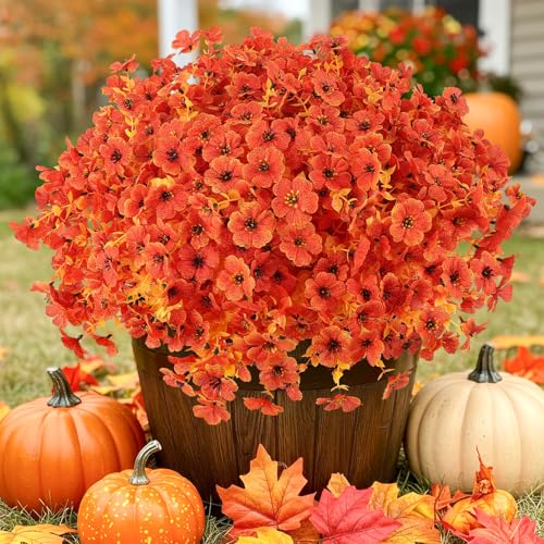 Artificial Fall Flowers Outdoor UV Resistant Fake Mums Bulk Outdoor Faux Mums Plants Plastic Flower Decorations for Home Garden Porch Hanging Planter Vase Autumn Decor Outside, 12 Bundles (Orange) - color: Orange, size: 12PCS