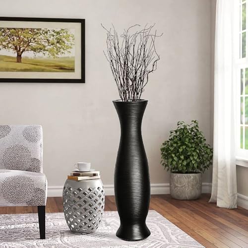 Tall Black Floor Vase 30 inches, Handmade Modern Large Ceramic Vases for Home Decor Living Room, Horizontal Stripes Decorative Vases Wide Mouth Opening Corner Vase for Pampas Grass, Hallway - color: Black Stripe Pattern