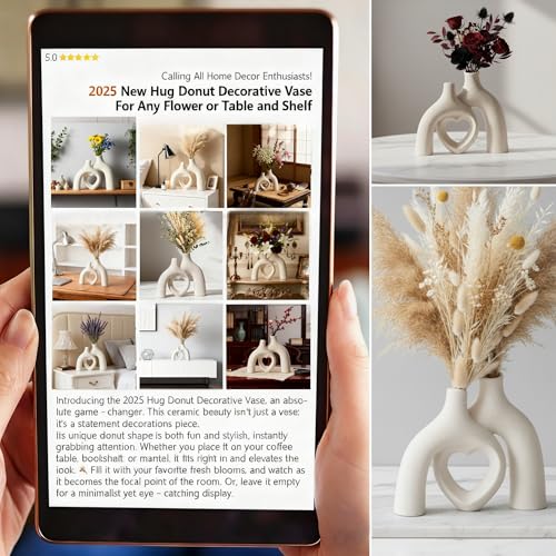 Liotww Snuggle Hollow Hug Donut Ceramic Vase, 8.3 Inch Modern Nordic Boho Style Aesthetic Decorative Flower Vases for Home Decor Pottery Barn Dining Living Room Table Shelf (Milky White) - color: Heart - Beige