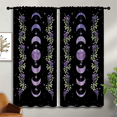 Purple Boho Floral Flower Rod Pocket Blackout Curtains for Boy Girl Bedroom,Moon Phase Moonlit Garden Witchy Gothic Aesthetic Thermal Insulated Home Window Drapes for Living Room Darkening,42x45 inch - color: Purple Boho Floral Flower-007, size: 42"W x 45