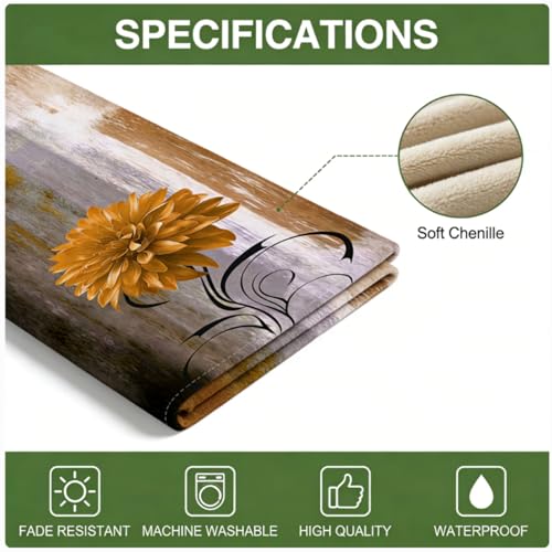 OYIMUA Soft Thick Chenille Brown and Yellow Table Runner 90 Inches Long Vintage Abstract Painting Flowers Spring Summer Rustic Dining Table Decorations for Home Indoor Outdoor - size: 13" x 90", Table Runner, style: Brown