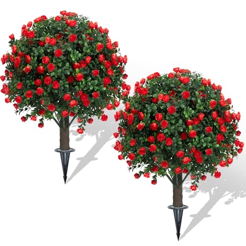 AOKIIE 24" Artificial Boxwood Topiary Bushes UV Resistant for Outdoor 2PCS | Artificial Shrubs with Ground Spike, Fake Outdoor Plants with Red Flowers for Indoor & Outdoor Garden, Yard, Porch, Patio - color: Redflower-boxwood