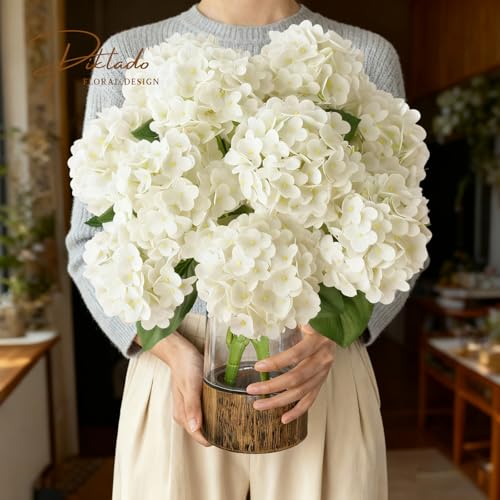 A Bunch 21in White Real Touch Hydrangea Artificial Flowers with 5pcs Flower Head 10pcs Leaves Faux Hydrangea Flowers for Home Office Decor Wedding Party Arrangements (1, White) - color: White, size: 1 Bunch