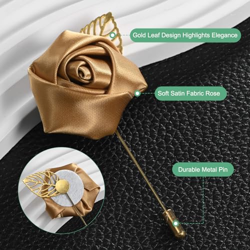 M METERXITY 1-Pack Flower Lapel Pins for Men, Golden Leaf Rose Boutonnieres Pin Groom Boutonnieres for Wedding/Dance/Party, Men Lapel Pins for Suits Satin Flower Corsage [Champagne] - color: Champagne